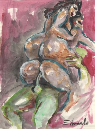 Fernanda y Roberta. Óleo, acrílico y tinta sobre papel. 28 x 21 cm.